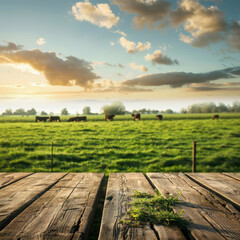 A field with cows grazing and a wooden fence in the background. The sky is cloudy and the sun is setting