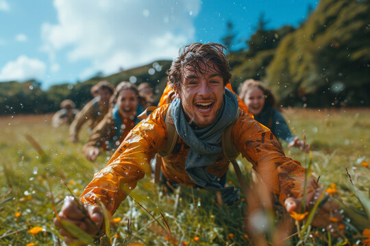 Corporate team building activity in grass field
