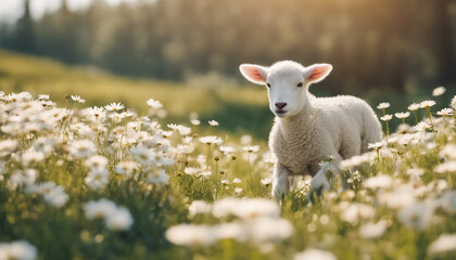 Fototapeta premium A young lamb frolicking in a field of daisies under the spring sun 
