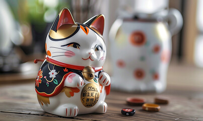 The famous maneki-neko cat figurine, with a characteristically raised paw, symbolizes happiness and...