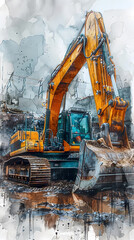 Watercolor Depiction of Construction Site with Excavator and Crane