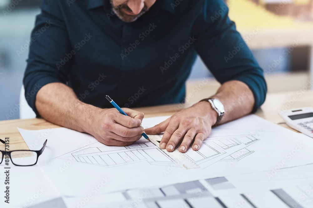 Poster Architecture, man and blueprint on table for drawing, sketch and construction plan design. Hands of architect, creativity and ruler with pencil to measure distance, scale layout or accuracy in office