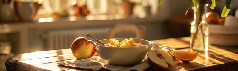 Bowl of cereal and sliced apples on a table, morning porridge, food background 