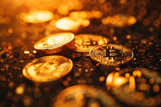 Collection of bitcoin coins shown in close-up detail, highlighting their design and value. Generative AI