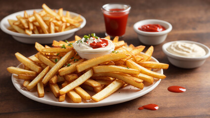 A plate of golden brown crispy french fries with a small white bowl of ranch dressing and a small...