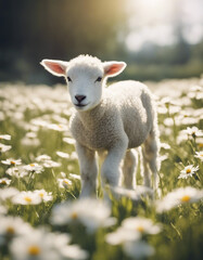 Obraz premium A young lamb frolicking in a field of daisies under the spring sun 