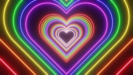 3d Neon glowing abstract rainbow heart tunnel in LGBT Pride colors. Disco music party Valentines day celebration. Retro y2k futuristic background. Animation loop 30fps 4k - Powered by Adobe