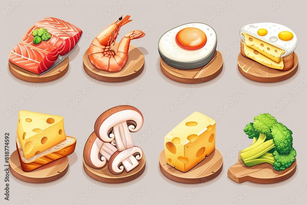 Poster different food items displayed on various wooden plates. generative ai