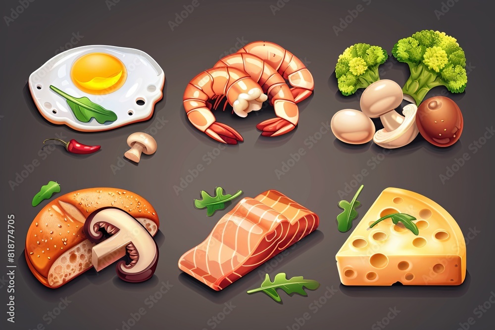 Poster assorted food items like fruits, vegetables, bread, and cheese are arranged neatly on a table in thi