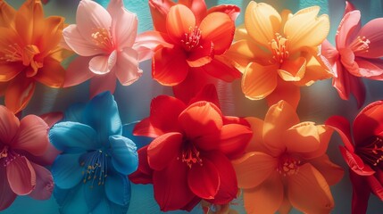 A colorful bouquet of flowers with a blue background