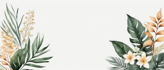 Naklejka premium tropical leaves and flowers in a soft watercolor style background