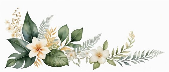 tropical leaves and flowers in a soft watercolor style background