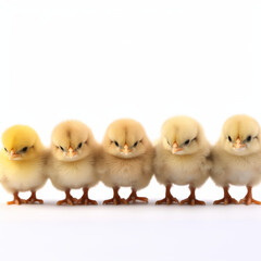 A row of five baby chicks standing next to each other. They are all yellow and have their heads down