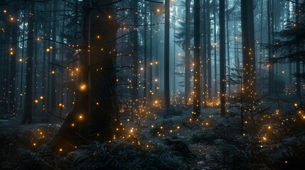 Naklejka premium A forest at night illuminated by countless fireflies flying around, creating a mesmerizing display of natural light in the darkness. Generative AI