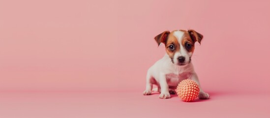 Cute puppy jack russell terrier dog with toy on pastel color negative space background,Minimalis and pet Concept