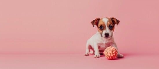 Cute puppy jack russell terrier dog with toy on pastel color negative space background,Minimalis...