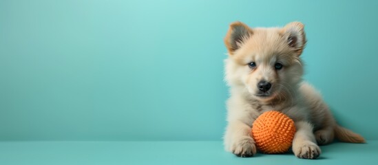 Cute puppy dog with toy on pastel color negative space background,Minimalis and pet Concept