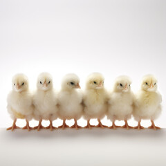 A group of six baby chicks standing in a row. The chicks are all facing the same direction and appear to be looking at the camera. Concept of innocence and curiosity