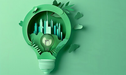 A laser-cut paper bulb with a green, ecological city inside. It is a futuristic vision of a city that draws energy from nature, symbolizing sustainable development.