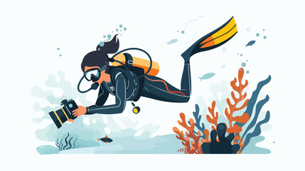 Swimming scuba diver flat vector illustration. Female