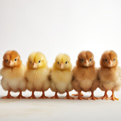 A group of baby chicks standing in a row. The chicks are all different colors, including yellow, orange, and brown. Concept of unity and harmony, as the chicks are all standing together in a line
