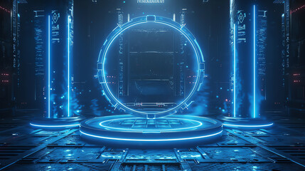 Futuristic blue neon sci-fi portal with glowing lights in a high-tech environment, featuring a circular gate in a metallic room.