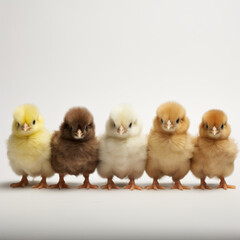 A group of five baby chicks standing in a row. The chicks are of different colors, including yellow, brown, and white. Concept of innocence and cuteness, as the young chicks are adorable