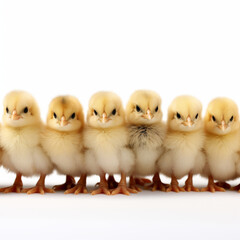 A group of baby chicks are standing in a row. They are all facing the same direction and have their beaks pointed forward