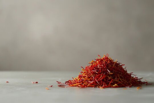 Saffron handful of seasoning on gray background. Copy space for text