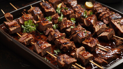 There are beef tenderloin skewers with a sweet and sour sauce on top in a black roasting pan.