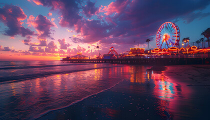 View of fairground rides on the beach pier, with stars in the sky and sunrise, summer concept vacation concept holidays