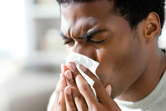 Man with a runny nose allergy blows nose in a handkerchief