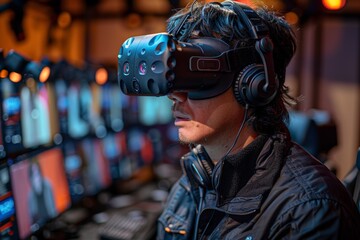 Man engaging with virtual reality headset at computer screen