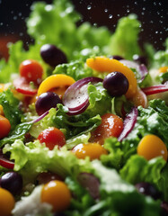 Fresh garden salad close-up, water droplets on lettuce and bright vegetables celebrating freshness
