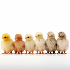 A row of baby chicks in various colors. The chicks are standing in a line, with the yellow chick on the left and the gray chick on the right