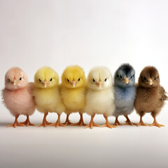 A row of baby chicks standing in a line. The chicks are of different colors, including yellow, pink, and blue