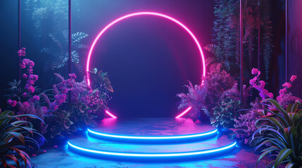 Futuristic neon circle entrance with glowing lights and vibrant plants, creating a surreal and immersive environment, perfect for abstract concepts.