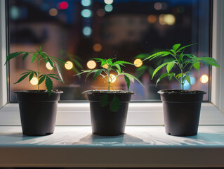 Three small plants are in three different sized black pots sitting on a windowsill. The plants are all different sizes and are all facing the same direction
