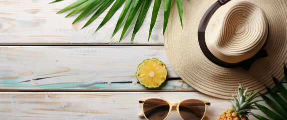 A tropical scene with a hat, sunglasses, and a lime on a wooden table. Scene is relaxed and sunny