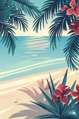 Beach Scene with Palm Leaves, Umbrellas, and Turquoise Water - Perfect for Summer and Vacation Themes