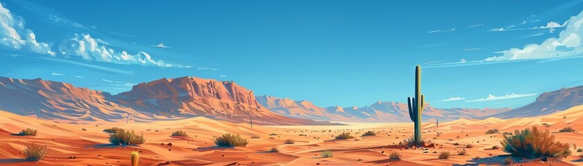 Naklejka premium A vibrant desert landscape with towering sand dunes under a bright, clear blue sky, featuring a lone cactus in the foreground Realism, Digital painting, Warm tones