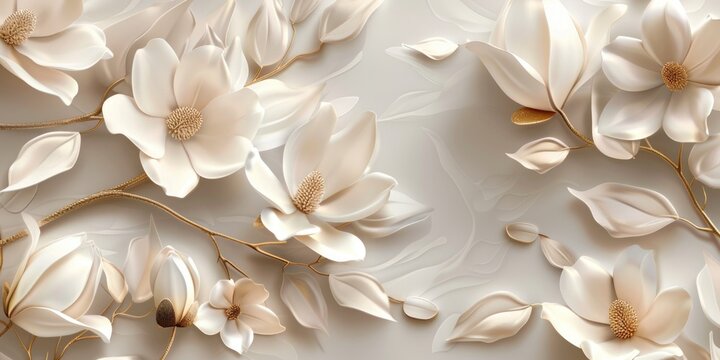3d wallpaper with elegant flowers, magnolia and leaves, vector illustration design