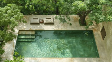 Serene Overhead Aerial View of Minimalist Swimming Pool Surrounded by Lush Greenery, Natural Scenery, and Warm Sunlight. Relaxing Summer Lifestyle and Vacation Concept.