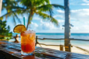 A glass of red drink with a straw and an orange slice in it is sitting on a wooden table by the ocean