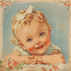 Vintage illustration of a smiling baby girl with blonde hair tied with a white bow and blue eyes, a cute smile and pink cheeks, set against a vintage background featuring flowers in pastel colors. 