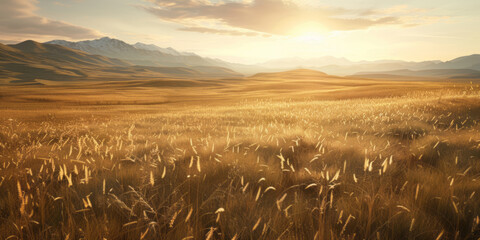 A beautiful view of the golden grasslands offers a high-resolution, high-detail photo with film grain effect, cinematic light and shadows, and volumetric lighting.