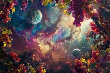 celestial garden in the depths of space, where colorful nebulae bloom like flowers and planets hang like ripe fruit from celestial vines