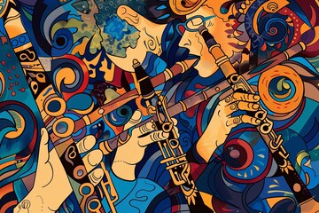 Klezmer Music: Festive, intricate patterns and rich, cultural colors illustrating the lively and traditional Jewish melodies, with abstract clarinets and dancing figures