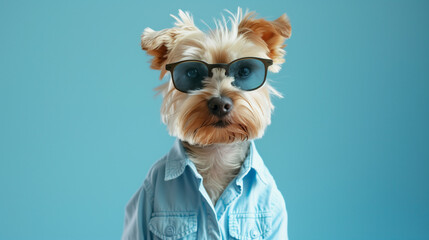 Small Dog Wearing Sunglasses and Blue Shirt