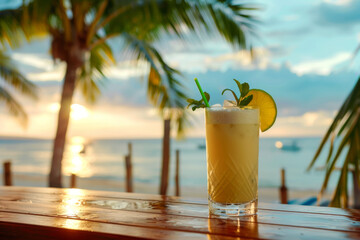 A glass of a tropical drink with a lime slice on top sits on a wooden table by the ocean